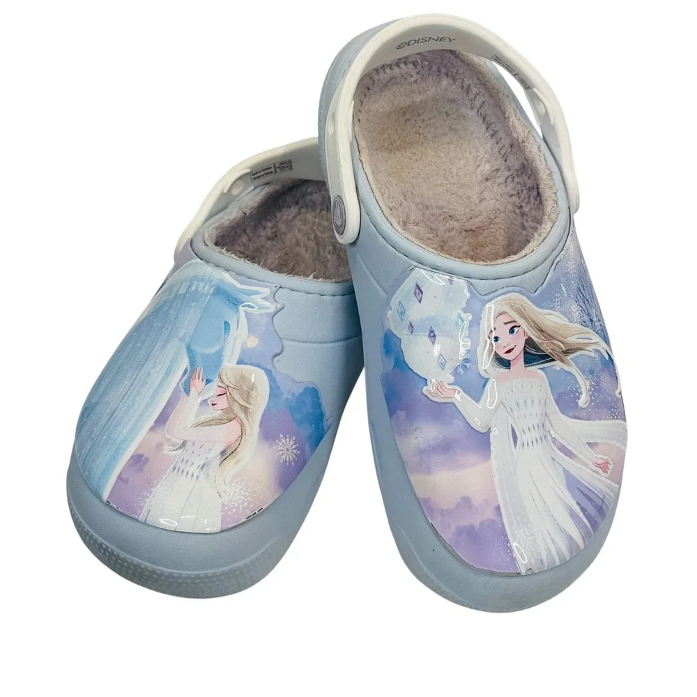 Disney Frozen Crocs J2 Kids Fuzzy Lined Clogs Elsa Blue Slip-On Winter Shoes‎